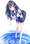  1girl barefoot black_hair blue_eyes character_request popsicle school_uniform serafuku solo standing standing_on_water yuzuki_karu 