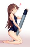  1girl :d alternate_costume arashio_(kantai_collection) bare_legs barefoot blew_andwhite brown_eyes brown_hair highres kantai_collection long_hair open_mouth school_swimsuit smile solo swimsuit torpedo 