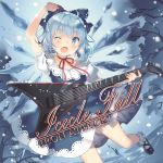  1girl adapted_costume album_cover alternate_costume arm_up blue_dress blue_eyes blue_hair blush breath choker cirno cover dress electric_guitar fairy fang guitar hair_ornament hair_ribbon ice ice_wings instrument looking_at_viewer mary_janes one_eye_closed open_mouth puffy_sleeves ribbon ribbon_choker rie_(reverie) shoes short_hair short_sleeves smile snow snowing socks solo text touhou tree white_legwear wings 