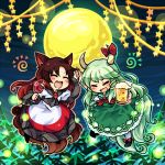  2girls :3 animal_ears beer_mug brooch brown_hair chibi closed_eyes commentary_request cup dress ex-keine fang full_moon green_dress horn_ribbon horns imaizumi_kagerou jewelry kamishirasawa_keine long_hair long_sleeves moon multiple_girls neckerchief open_mouth pote_(ptkan) ribbon shirt silver_hair skirt smile star tail touhou very_long_hair werewolf wide_sleeves wine_glass wolf_ears wolf_tail 