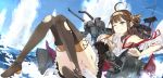  1girl ahoge bare_shoulders boots brown_hair detached_sleeves hair_ornament hairband hao_(patinnko) highres japanese_clothes kantai_collection kongou_(kantai_collection) long_hair ocean one_eye_closed revision solo thigh-highs thigh_boots torn_clothes 