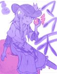  1girl apple eating food fruit hat hinanawi_tenshi itsuki_(kisaragi) long_hair monochrome scarf sitting sketch solo touhou 
