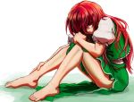  1girl blue_eyes bruise chinese_clothes green_clothes hong_meiling injury littlefinger1988 long_hair looking_at_viewer puffy_short_sleeves puffy_sleeves redhead short_sleeves side_slit sitting smile tangzhuang thighs touhou 