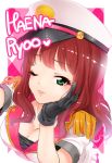  1girl black_gloves breasts character_name cleavage epaulettes gloves green_eyes hand_on_own_cheek hat idolmaster idolmaster_cinderella_girls kyuu_(award) long_hair one_eye_closed peaked_cap redhead ryoo_haena solo 