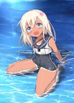  1girl bare_legs blonde_hair blue_eyes blush flower gin&#039;ichi_(akacia) hair_flower hair_ornament kantai_collection long_hair looking_at_viewer open_mouth ro-500_(kantai_collection) school_swimsuit solo swimsuit tan tanline torpedo u-511_(kantai_collection) 