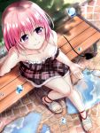  1girl demon_tail from_above highres momo_velia_deviluke pink_hair short_hair solo tail to_love-ru violet_eyes xyomouse 