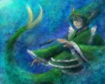  1girl closed_eyes dress faux_traditional_media fish full_body green_dress head_fins highres japanese_clothes kimono long_sleeves mermaid mkm_(pixiv13235370) monster_girl obi sash short_hair solo touhou underwater wakasagihime wide_sleeves 