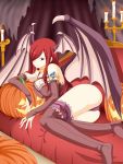  1girl absurdres armlet ass bare_shoulders breasts bridal_gauntlets candle cleavage couch demon_girl demon_wings erza_scarlet fairy_tail hair_over_one_eye halloween head_wings highres jack-o&#039;-lantern long_hair looking_at_viewer lying on_side panties planeptune redhead smile solo succubus tattoo thigh-highs underwear wings 