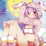  1girl album_cover alternate_costume animal_ears bra breasts bunny_tail cover full_moon hood ichihaya lavender_hair long_hair long_sleeves looking_at_viewer midriff moon nail_polish navel on_bed rabbit_ears red_eyes reisen_udongein_inaba shorts sitting socks solo striped tail touhou underwear 
