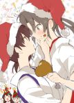  akagi_(kantai_collection) blush food hat japanese_clothes kaga_(kantai_collection) kantai_collection long_hair multiple_girls myama santa_hat shoukaku_(kantai_collection) translation_request turkey_(food) twintails yuri zuikaku_(kantai_collection) 