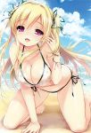  1girl arm_support barefoot beach bikini blonde_hair blush breasts cleavage clouds emily_(pure_dream) hair_ribbon highres jewelry kneeling large_breasts long_hair looking_at_viewer open_mouth pink_eyes ribbon ring sand solo swimsuit wristband 