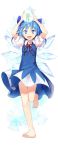  1girl animal arms_up barefoot blue_dress blue_eyes blue_hair bow cirno dress efe fairy frog frozen hair_ornament hair_ribbon ice ice_wings looking_at_viewer open_mouth puffy_sleeves ribbon short_hair short_sleeves simple_background smile solo touhou white_background wings 