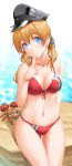  1girl anchor_hair_ornament bikini blonde_hair blue_eyes breasts byeontae_jagga cleavage collarbone crab crossover hat highres kantai_collection large_breasts mushroom navel paras pokemon prinz_eugen_(kantai_collection) red_bikini sailor_hat skindentation smile solo swimsuit 