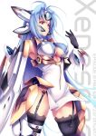  1girl armpits bare_shoulders blue_hair breasts fukai_ryousuke garter_straps kos-mos long_hair pink_eyes simple_background solo under_boob very_long_hair white_background xenosaga 