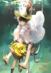  1girl absurdres bicycle brown_eyes brown_hair bubble dress hat highres long_hair original sandals solo underwater 