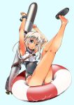  1girl arms_up bare_legs bare_shoulders blonde_hair blue_eyes flower hair_flower hair_ornament highres kantai_collection legs lifebuoy long_hair looking_at_viewer open_mouth ro-500_(kantai_collection) school_swimsuit slippers solo swimsuit swimsuit_under_clothes tan tanline tomatomato_(tomato_kanzume) torpedo u-511_(kantai_collection) 