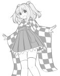  1girl :d bell blush ganmaganmo hair_bell hair_ornament jingle_bell looking_at_viewer monochrome motoori_kosuzu open_mouth outstretched_arms robe short_hair sketch skirt smile solo tareme thigh-highs touhou two_side_up wide_sleeves 