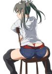  1girl alternate_costume belt black_hair chair from_behind hair_ribbon highres hoodie kantai_collection long_hair looking_at_viewer looking_back ribbon short_shorts shorts simple_background sitting suna thigh-highs thong twintails white_background yellow_eyes zuikaku_(kantai_collection) 