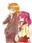  1boy 1girl ahoge aino_megumi blush brown_eyes brown_hair happinesscharge_precure! hetero holding_hands long_hair long_sleeves pink_eyes pink_hair pleated_skirt ponytail popped_collar precure red_skirt sagara_seiji school_uniform sketch skirt smile 