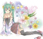  1girl black_legwear ficusmicrocarpa flower green_eyes green_hair hair_flower hair_ornament hatsune_miku jewelry long_hair necklace off_shoulder shoes_removed skirt smile solo strap_slip thigh-highs twintails very_long_hair vocaloid 