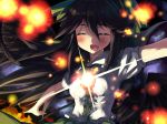  1girl absurdres bird_wings black_wings blush brown_hair bust cape closed_eyes glowing glowing_eye happy highres long_hair open_mouth outstretched_arms puffy_short_sleeves puffy_sleeves reiuji_utsuho shirt short_sleeves skirt smile solo space third_eye touhou very_long_hair volcano_(liao) wings 