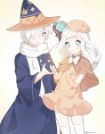  1boy 1girl blue_eyes blush bow brown_dress capelet cookie_run cream_puff_cookie dress hair_over_one_eye hat long_hair magic marin_(myuy_3) parted_lips scarf smile staff thigh-highs white_bow white_hair white_legwear witch_hat wizard wizard_cookie 