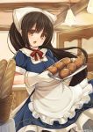  1girl absurdres apron bakery blue_dress blush bread brown_eyes brown_hair dress food highres long_hair looking_at_viewer original oven_mitts pastel-pastel shop solo very_long_hair 