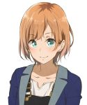  1girl bangs blonde_hair blush collarbone green_eyes haine highres jacket looking_at_viewer miyamori_aoi shirobako short_hair simple_background smile solo suspenders swept_bangs white_background 