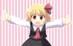  1girl ascot blush fang hair_ribbon kinagi_yuu open_mouth outstretched_arms red_eyes ribbon rumia solo striped striped_background touhou 