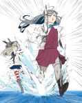  2girls blew_andwhite boots bowtie elbow_gloves gloves grey_hair highres kantai_collection kiyoshimo_(kantai_collection) long_hair midriff multiple_girls navel open_mouth pantyhose pleated_skirt rensouhou-chan running_on_water school_uniform serafuku shimakaze_(kantai_collection) sketch skirt striped striped_legwear sweatdrop thigh-highs triangle_mouth white_gloves 