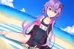  1girl beach dutch_angle jacket long_hair ocean purple_hair school_swimsuit sitting swimsuit twintails violet_eyes vocaloid voiceroid yukikasa yuzuki_yukari 