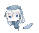  1girl :o animal black_dress black_legwear blonde_hair blue_eyes chibi cropped_jacket dress fish garrison_cap hat kantai_collection long_hair long_sleeves military military_uniform open_mouth puffy_long_sleeves puffy_sleeves seedflare simple_background solo u-511_(kantai_collection) uniform white_background 