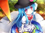  1girl artist_request blue_hair blush hat hinanawi_tenshi long_hair looking_at_viewer solo touhou 