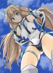  1girl ac_butsupa angela_balzac aqua_eyes bare_shoulders blonde_hair blue_sky breasts clouds cloudy_sky covered_navel cowboy_shot expelled_from_paradise from_below hair_ornament halterneck hands_on_hips headgear highleg highleg_leotard highres impossible_clothes impossible_leotard large_breasts leaning_forward leotard long_hair looking_at_viewer looking_down low_twintails outdoors sky smile solo thigh_strap twintails very_long_hair 