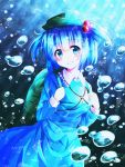  1girl :d backpack bag blue_eyes blue_hair blush boots bubble dress grin hair_bobbles hair_ornament highres kawashiro_nitori key legs light_rays long_sleeves looking_at_viewer open_mouth pocket shirt short_hair skirt skirt_set smile solo sunbeam sunlight touhou twintails underwater wet wet_clothes 
