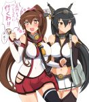  +_+ 2girls black_hair brown_eyes brown_hair detached_sleeves elbow_gloves fingerless_gloves gloves highres kantai_collection long_hair midriff multiple_girls nagato_(kantai_collection) ponytail red_eyes shin&#039;en_(gyokuro_company) single_thighhigh thigh-highs translation_request yamato_(kantai_collection) 