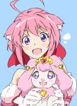  1girl :d ahoge animal_ears bare_shoulders blue_background blush dog_days dog_ears gloves go!_princess_precure millhiore_f_biscotti open_mouth pink_hair precure puff_(go!_princess_precure) short_hair simple_background smile solo umanosuke violet_eyes 