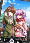  2girls ahoge animal_earmuffs brown_eyes brown_hair cold earmuffs jacket kantai_collection kuma_(kantai_collection) level_x_yuusha long_hair multiple_girls panda phone_screen purple_hair red_eyes scarf short_hair snack tama_(kantai_collection) v 