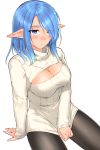  1girl arm_support bangs black_legwear blue_eyes blue_hair blush breasts character_request cleavage_cutout elf hair_over_one_eye highres large_breasts long_sleeves open-chest_sweater pantyhose phantasy_star phantasy_star_online_2 pointy_ears ryou@ryou simple_background sitting solo sweatdrop sweater swept_bangs turtleneck white_background 