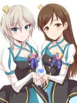  2girls anastasia_(idolmaster) blue_eyes brown_eyes brown_hair idolmaster idolmaster_cinderella_girls kisugi_akira long_hair multiple_girls nitta_minami short_hair silver_hair smile 