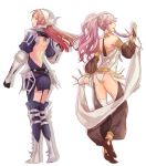  2girls arm_up armlet armor ass back bare_shoulders boots bracelet braid feesh fire_emblem fire_emblem:_kakusei gauntlets hairband jewelry long_hair looking_back multiple_girls olivia_(fire_emblem) open_mouth pink_eyes pink_hair ponytail red_eyes redhead sandals see-through serge_(fire_emblem) simple_background smile thigh-highs twin_braids white_background white_legwear 