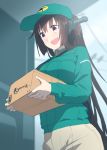  1girl :d alternate_costume amazon_(company) blew_andwhite box brown_hair delivery flat_cap hat headgear highres kantai_collection open_mouth ponytail red_eyes smile solo yamato_(kantai_collection) 