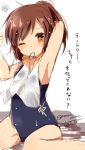  1girl annoyed armpits brown_hair i-401_(kantai_collection) kantai_collection namekuzi_mame one_eye_closed school_swimsuit short_ponytail short_twintails signature sketch solo swimsuit translated twintails twitter_username wet wet_swimsuit 