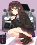  1girl aqua_eyes ashu bag black_legwear blurry brown_hair car depth_of_field hands_clasped idolmaster idolmaster_cinderella_girls interlocked_fingers jacket long_hair long_sleeves motor_vehicle pleated_skirt shibuya_rin skirt solo squatting vehicle 