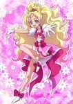  1girl :d blonde_hair bow brooch choker cure_flora earrings gloves go!_princess_precure green_eyes half_updo hanzou haruno_haruka jewelry long_hair magical_girl multicolored_hair open_mouth outstretched_hand pink pink_background pink_hair pink_skirt precure shoes skirt smile solo standing_on_one_leg streaked_hair two-tone_hair 