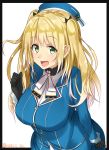  1girl :d alternate_hairstyle atago_(kantai_collection) beret black_gloves blonde_hair border breasts dated gloves green_eyes hair_ribbon hat highres isshiki_(ffmania7) kantai_collection large_breasts long_hair long_sleeves military military_uniform open_mouth ribbon simple_background smile solo twintails twitter_username uniform white_background 