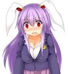  1girl animal_ears blazer blush breasts cleavage collarbone crescent_hair_ornament hair_ornament large_breasts long_hair long_sleeves open_mouth pleated_skirt purple_hair rabbit_ears red_eyes reisen_udongein_inaba shirt shocked_eyes skirt solo touhou us2s very_long_hair 