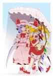  2girls bag bat_wings blonde_hair blue_hair blush boots eichi_yuu fang flandre_scarlet handbag hat highres holding_hands long_hair mary_janes multiple_girls open_mouth parasol pointy_ears red_eyes remilia_scarlet shoes short_hair siblings side_ponytail sisters smile touhou umbrella white_legwear wings wrist_cuffs 