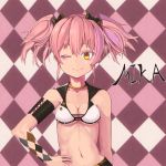  1girl absurdres bare_shoulders blush bow breasts cleavage fang hair_bow hand_on_hip highres idolmaster idolmaster_cinderella_girls jougasaki_mika midriff one_eye_closed pink_hair short_hair smile solo twintails yellow_eyes 