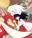  &gt;:) 1boy 1girl black_hair floating_hair flower hakama higurashi_kagome holding_hands inuyasha inuyasha_(character) japanese_clothes jewelry long_hair looking_at_viewer miko mocha_y necklace official_style pants pearl_necklace red_pants smile sword weapon white_hair wide_sleeves 